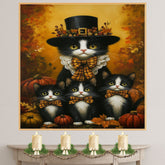 Autumn Whiskers: Tuxedo Cat Mom and Three Kittens Among Pumpkin on Ready to Hang 1.5" Thick Canvas Wrap, Floating Framed Canvas, Flat Rolled Canvas